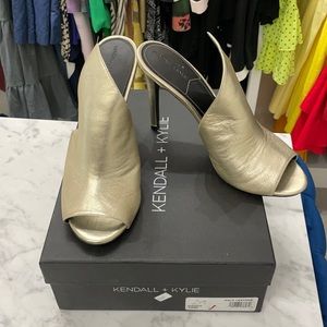 Kendall + Kylie gold leather open toe slide heels